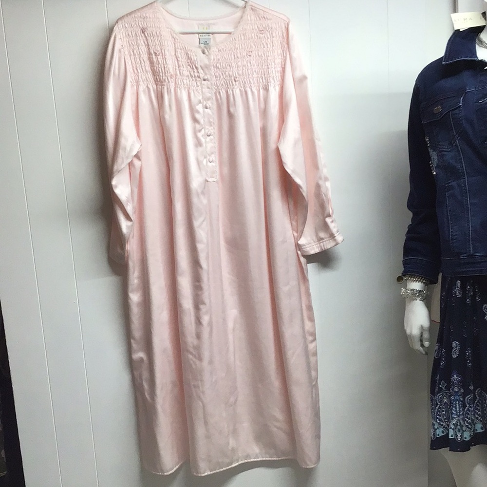 Pink satiny flannel backed comfy botton front Smocked top Nightgown loungewear